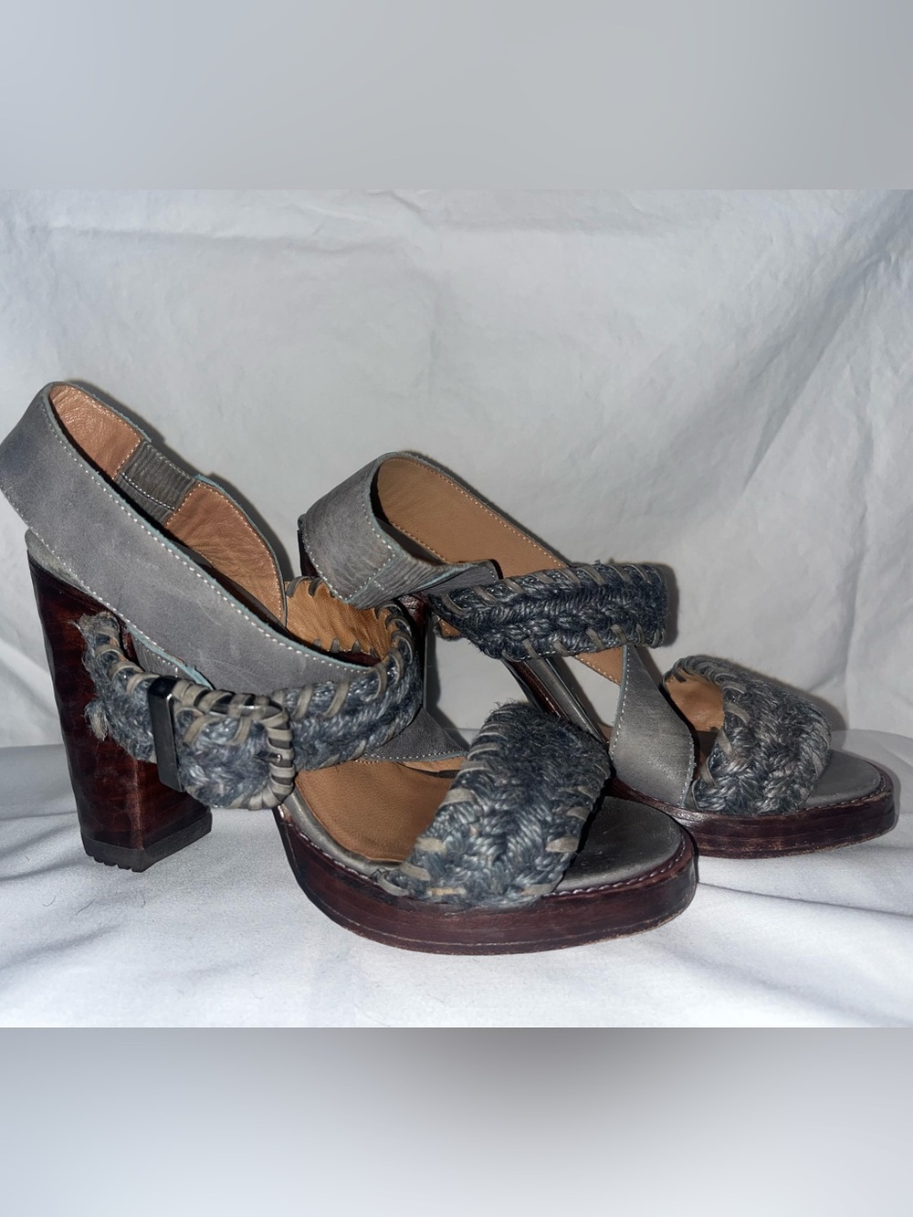 John Fluevog Blue-Gray Braided Platform Sandals